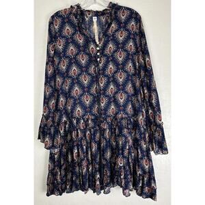 Uncle Frank Blue Floral Ruffle Tiered Tie Neck Dress S Blue Long Sleeve‎ 1765